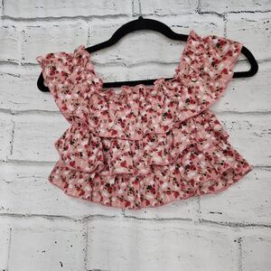 Cider Floral Cropped Elastic Off the Shoulder Top Ruffle Pink Women's XS